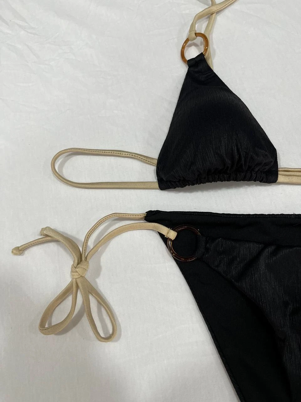 Kadın Siyah Halka Detaylı İp Bağlamalı Astarlı Bikini Takım HZL25S-AR1617