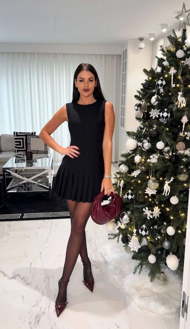 Kadın Siyah İthal Dooble Kumaş Kolsuz Elbise HZL25W-FRY122651