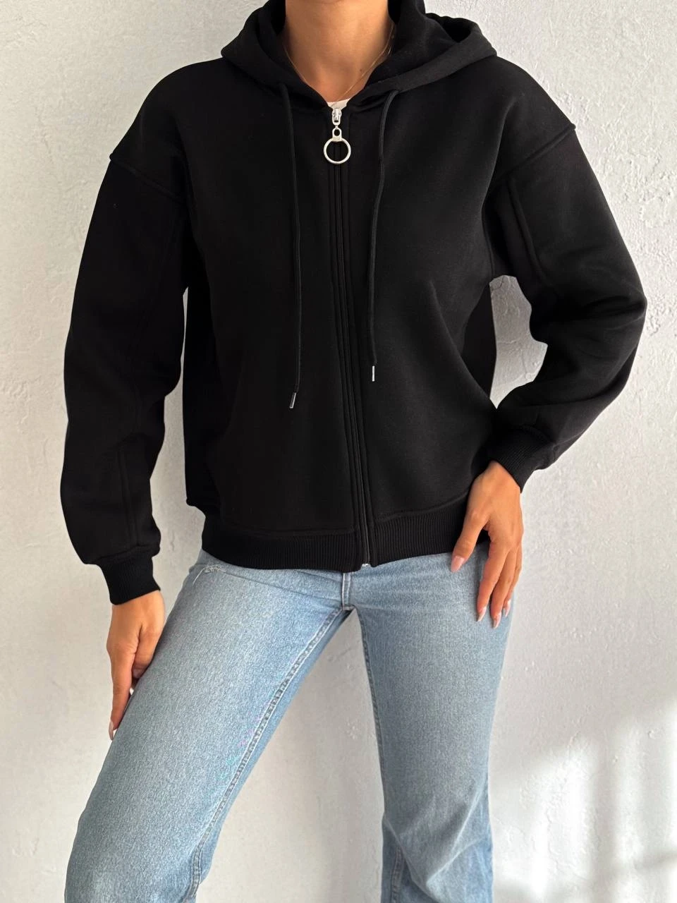 Kadın Siyah Kapüşonlu Fermuarlı Şardonlu  Sweatshirt HZL24W-FRY122561