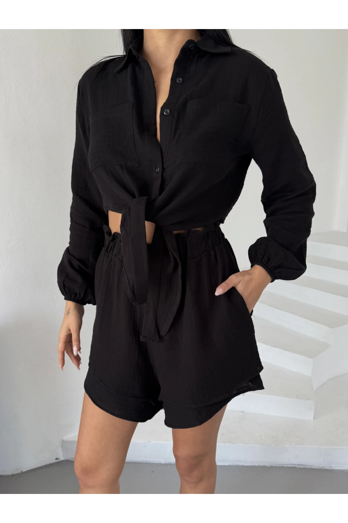 Kadın Siyah Müslin Keten Şort Gömlek Alt Üst Takım HZL25S-DSB1012