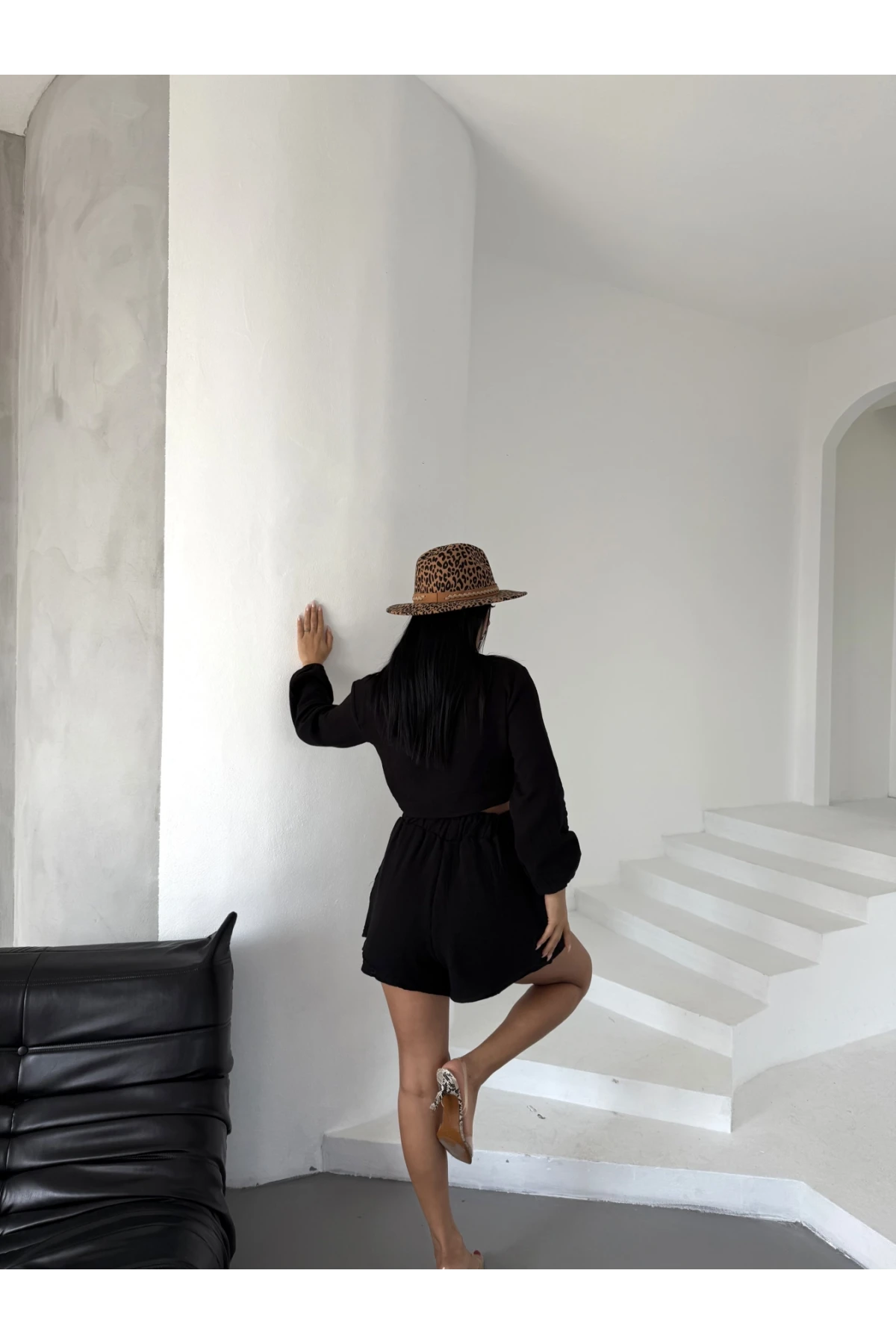 Kadın Siyah Müslin Keten Şort Gömlek Alt Üst Takım HZL25S-DSB1012