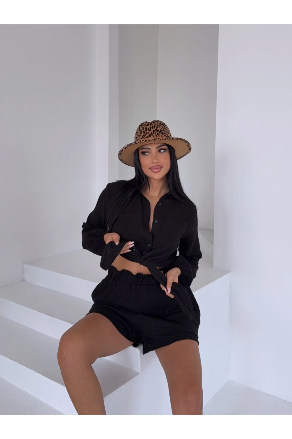 Kadın Siyah Müslin Keten Şort Gömlek Alt Üst Takım HZL25S-DSB1012