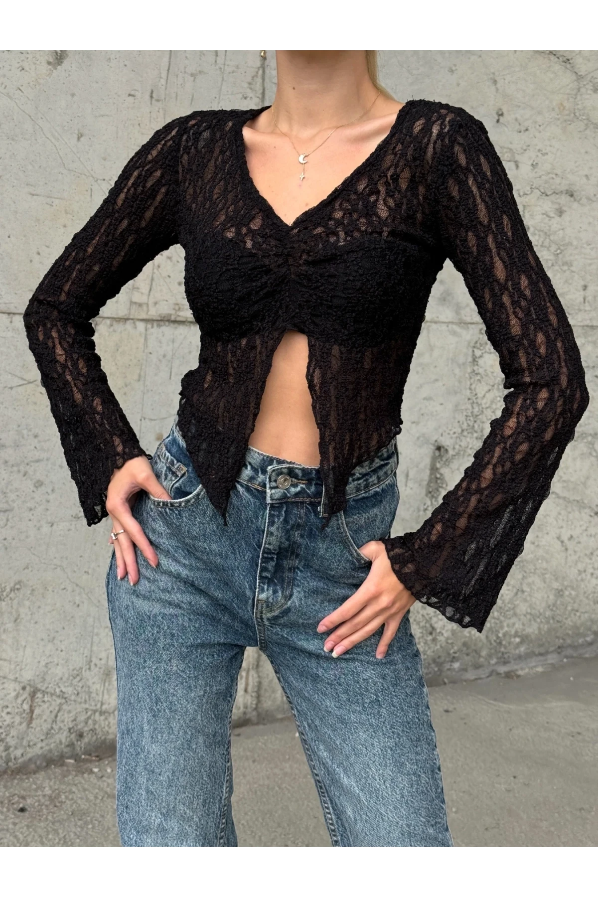 Kadın Siyah Önü Büzgülü İspanyol Kol Tül Bluz HZL24S-ZK13381