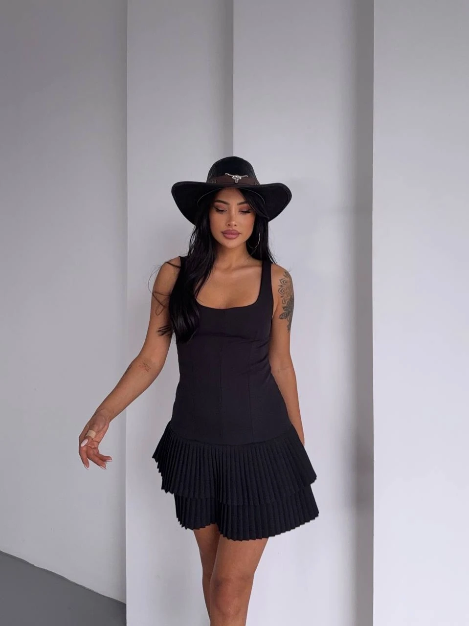Kadın Siyah Pileli Şortlu Mini Elbise HZL25S-FRY122991