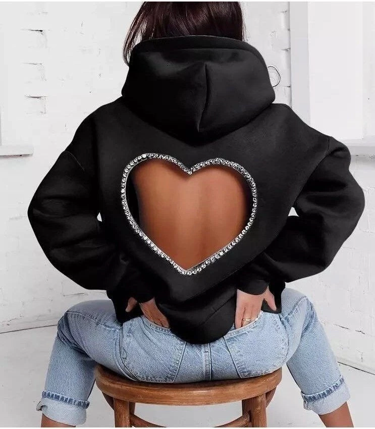 Kadın Siyah Sırtı Kalp Kesim Taşlı Kapüşonlu Oversize Sweatshirt HZL25W-DSB12701