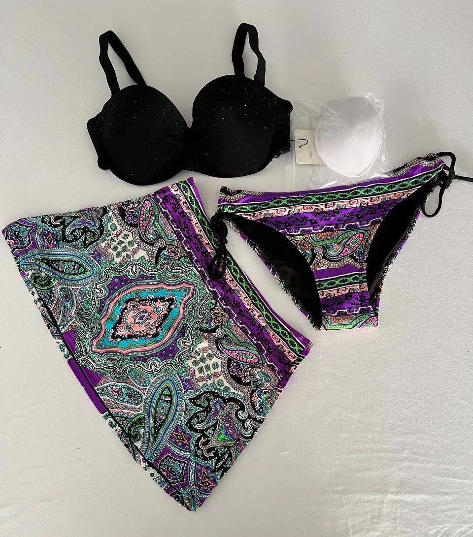 Kadın Siyah Taş İşlemeli Desenli 3 Parça Etekli Bikini Takım HZL25S-LC3326