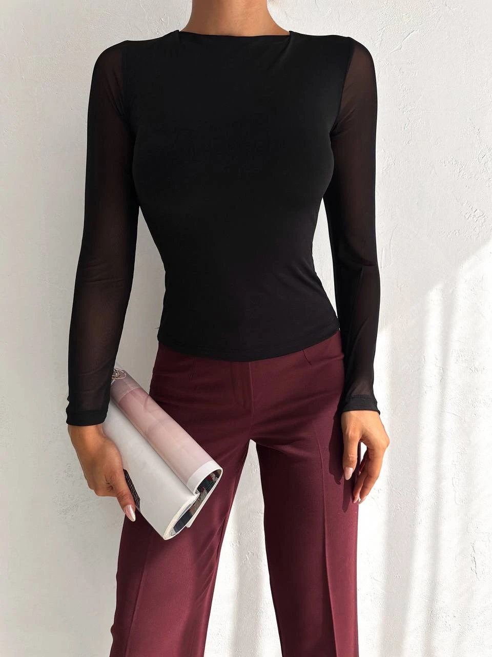 Kadın Siyah Uzun Tül Kol Sandy Bluz HZL25W-FRY122521