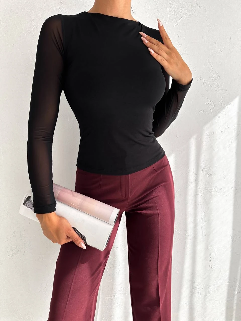 Kadın Siyah Uzun Tül Kol Sandy Bluz HZL25W-FRY122521