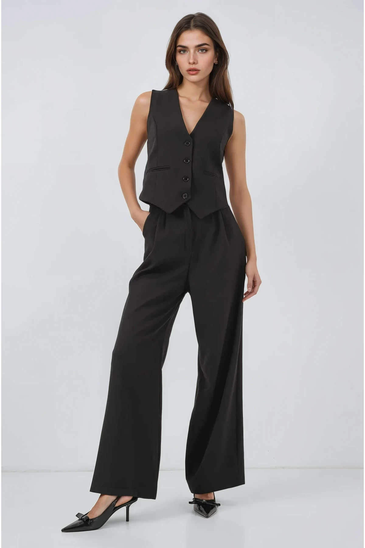 Kadın Siyah Yelek Pantolon Takım HZL25S-BD167091