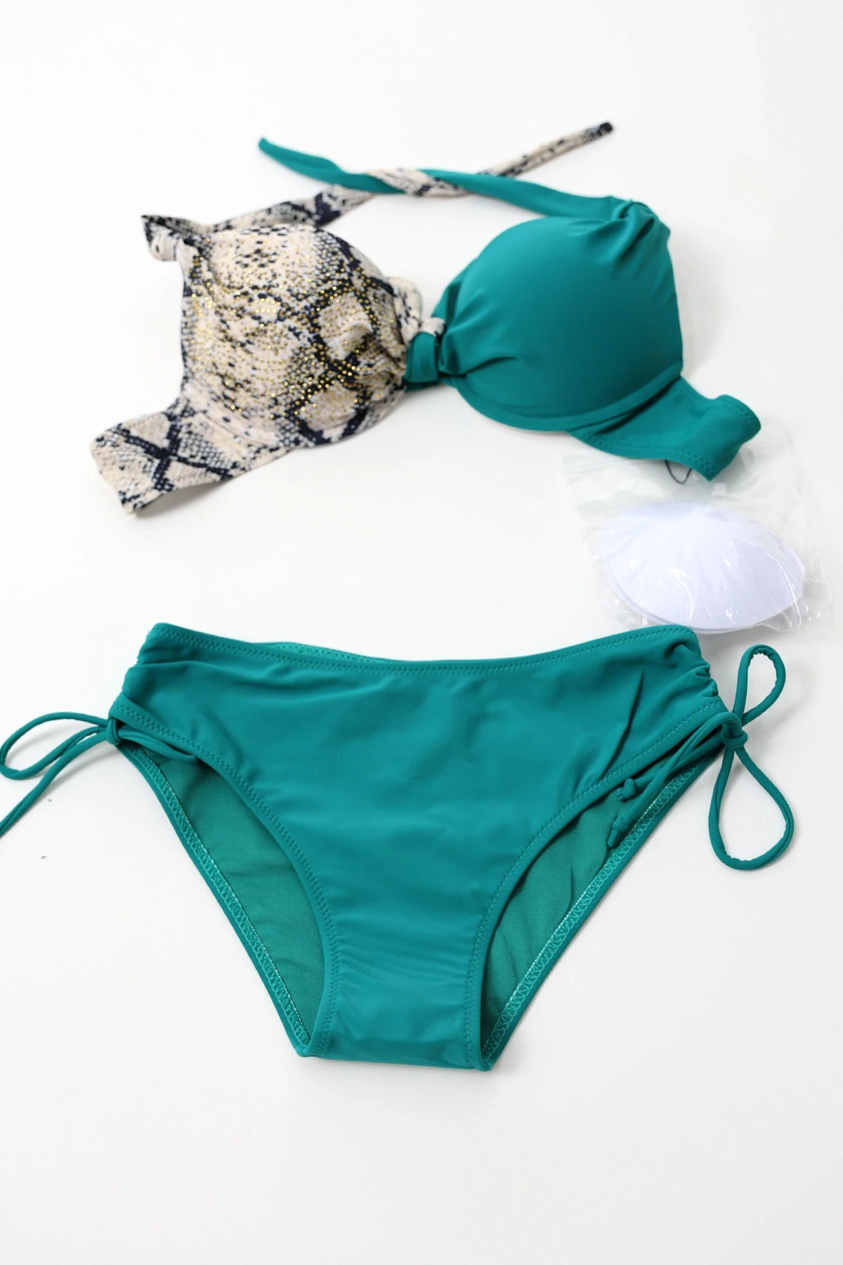 Kadın Turkuaz Bej Taş Bloklu  Yüksek Bel Toparlayıcı Bikini Takım HZL24S-LC3335