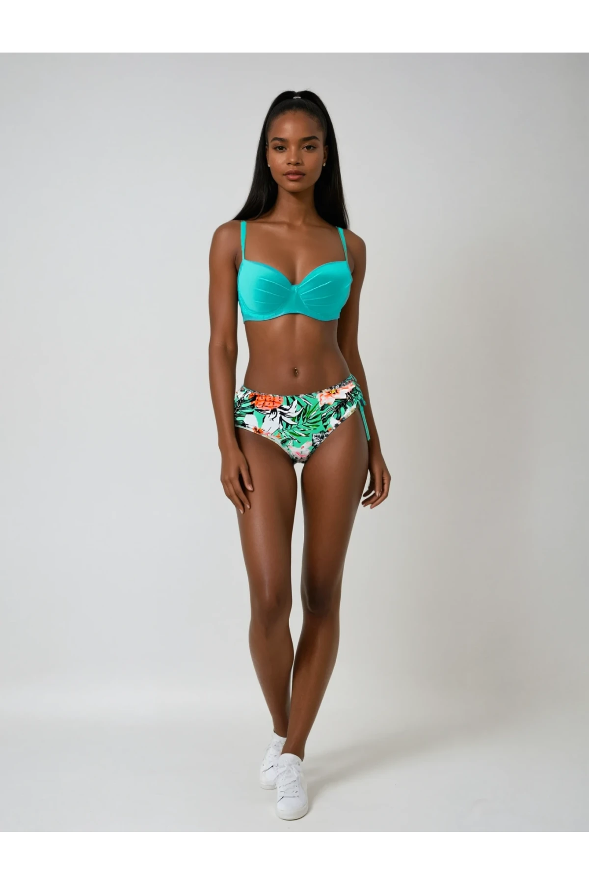 Kadın Turkuaz Mavi Tropikal Desen Bikini Takım HZL25S-LC3325