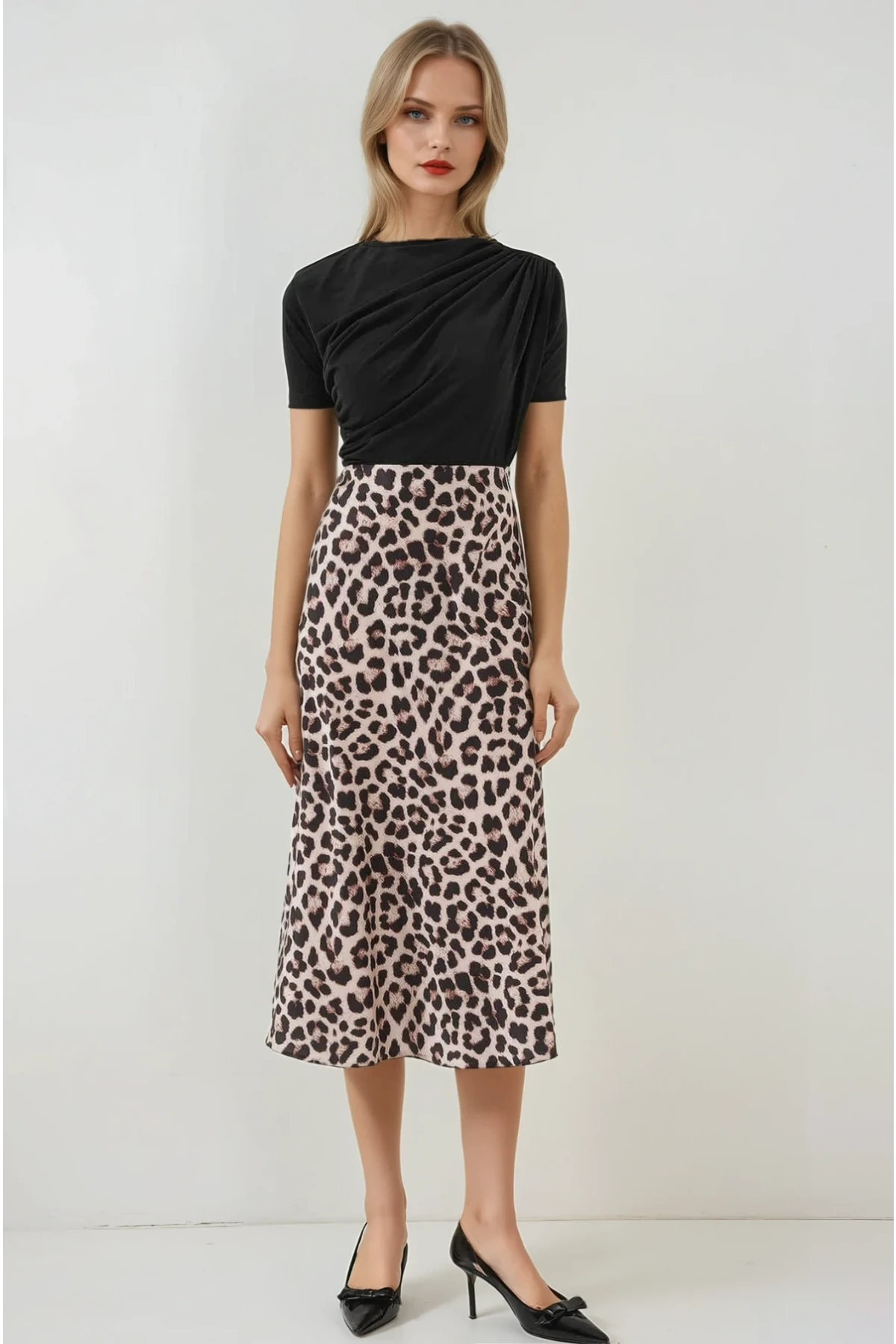 Kadın Vizon Leopar Desenli Saten Yüzeyli Beli Lastikli Midi Boy Etek Hzl23S-BD1101471