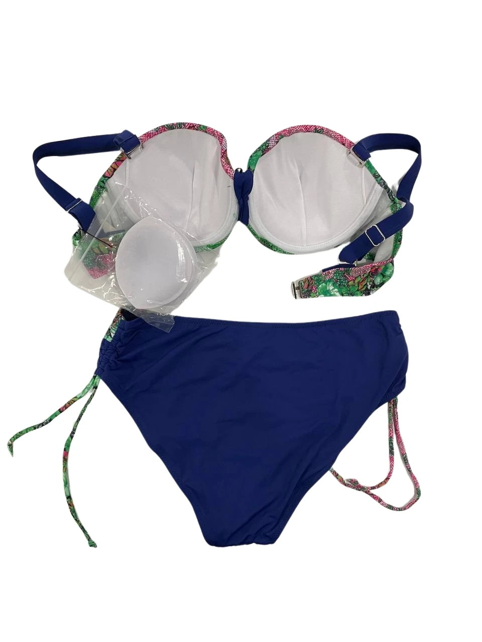 Kadın Yeşil Çiçek Desenli Büyük Beden Astarlı Lacivert Bikini Takım HZL25S-LC3301