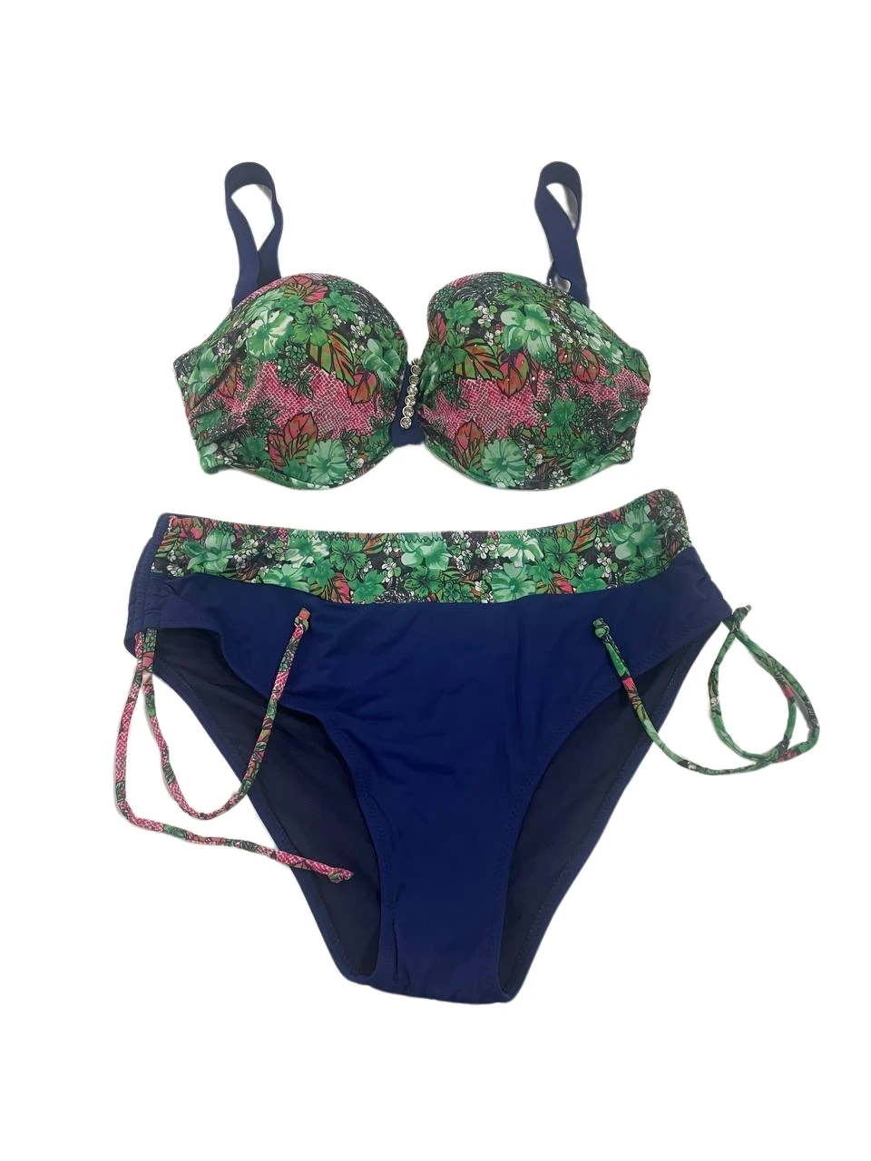 Kadın Yeşil Çiçek Desenli Büyük Beden Astarlı Lacivert Bikini Takım HZL25S-LC3301