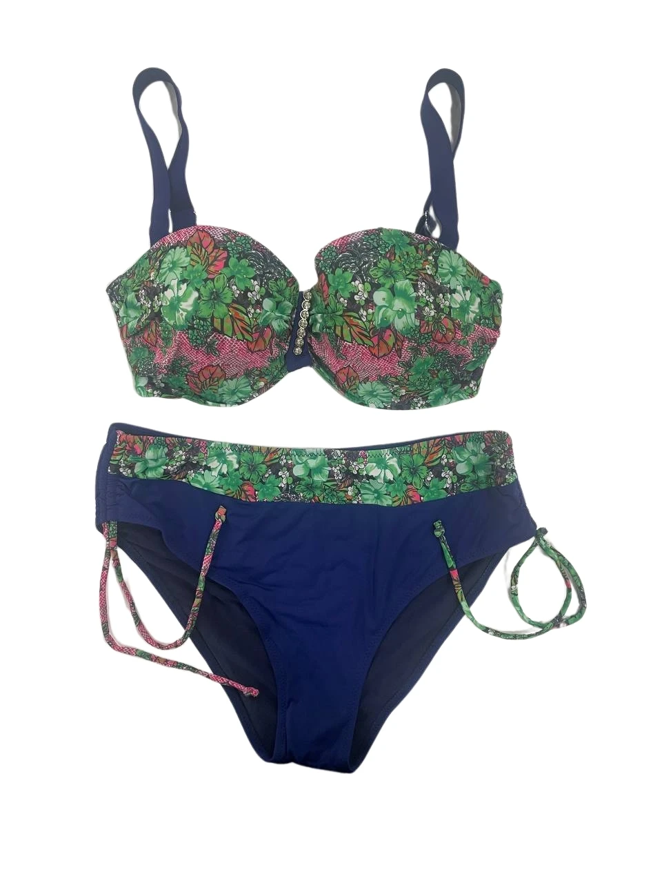 Kadın Yeşil Çiçek Desenli Büyük Beden Astarlı Lacivert Bikini Takım HZL25S-LC3301