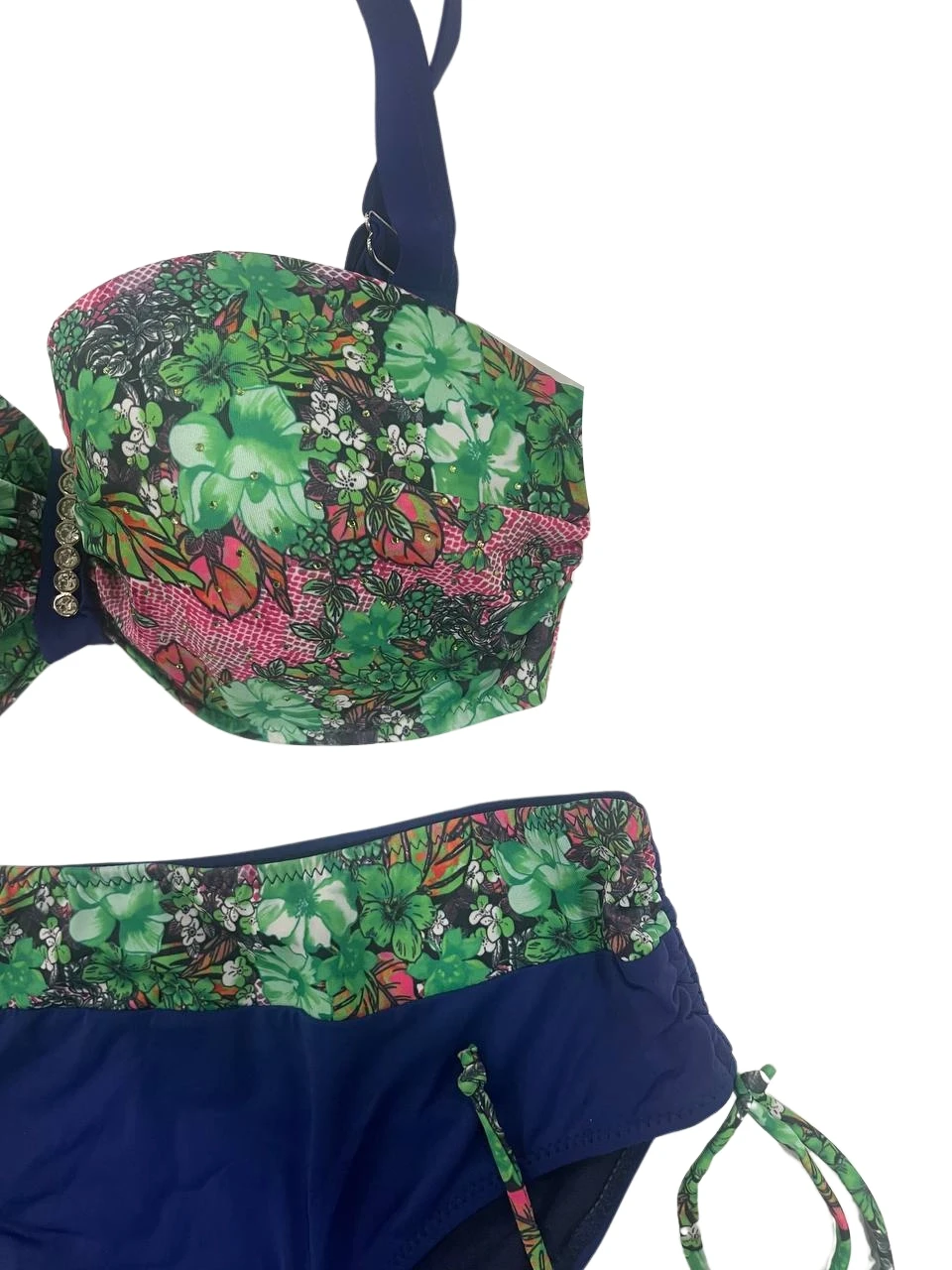 Kadın Yeşil Çiçek Desenli Büyük Beden Astarlı Lacivert Bikini Takım HZL25S-LC3301