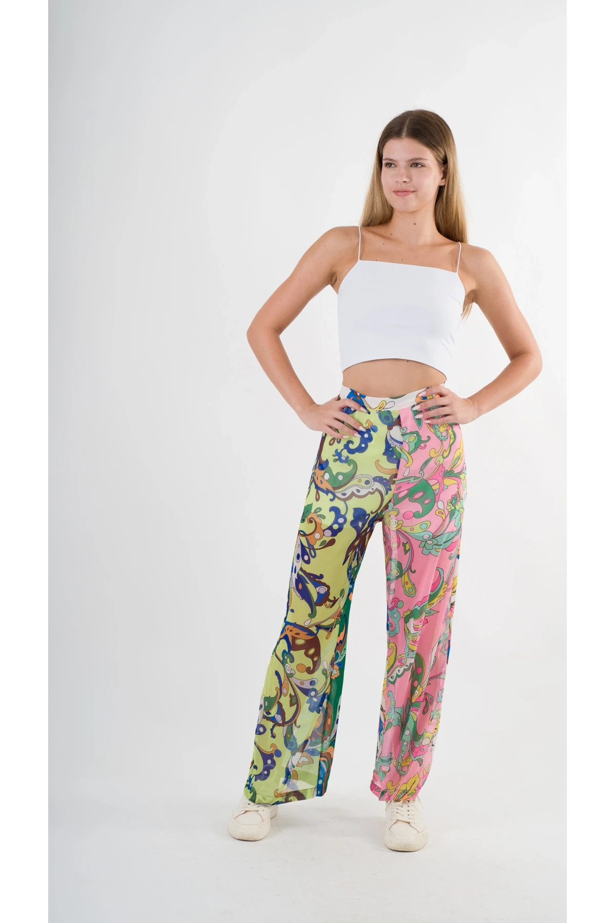 Kadın Yeşil Pembe Desenli Yüksek Bel Bol Paça Pantolon HZL22S-YY284