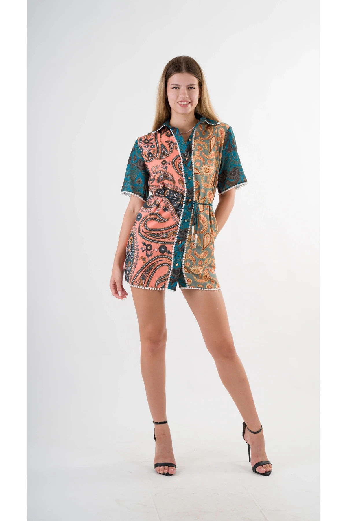 Kadın Yeşil Sarı İp Kemerli Küpürlü Gömlek Görünümlü Elbise HZL24S-YY237