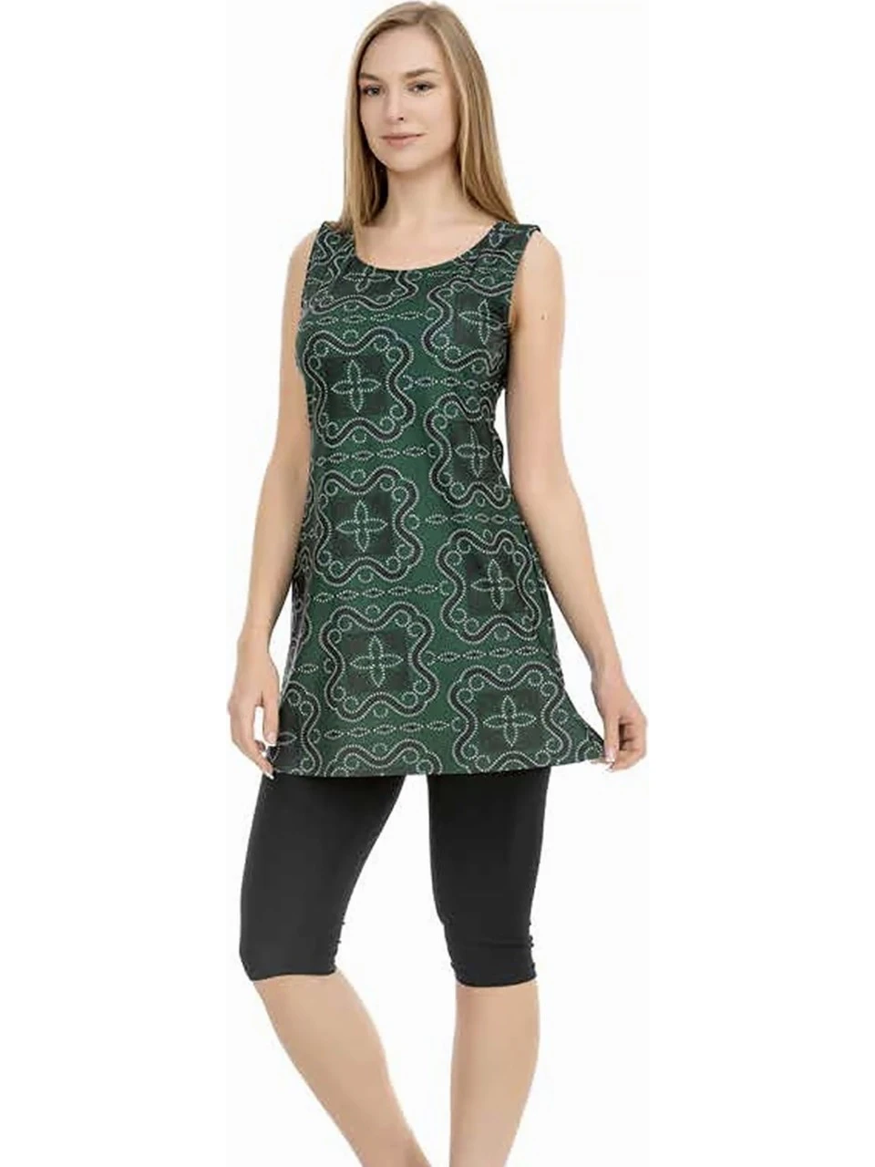 Kadın Yeşil Siyah Kolsuz Yarı Kapalı Taytlı Mayo HZL25S-AR153-508