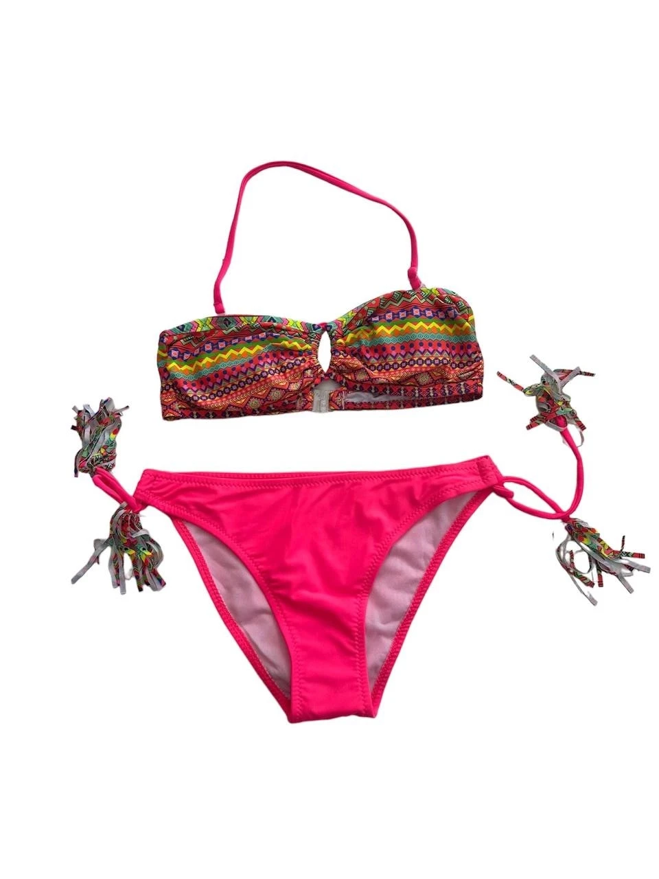 Kız Çocuk Fuşya Çok Renkli  İp Detaylı Astarlı 4-12 Yaş Üçgen Bikini Takım HZL24S-LC1904