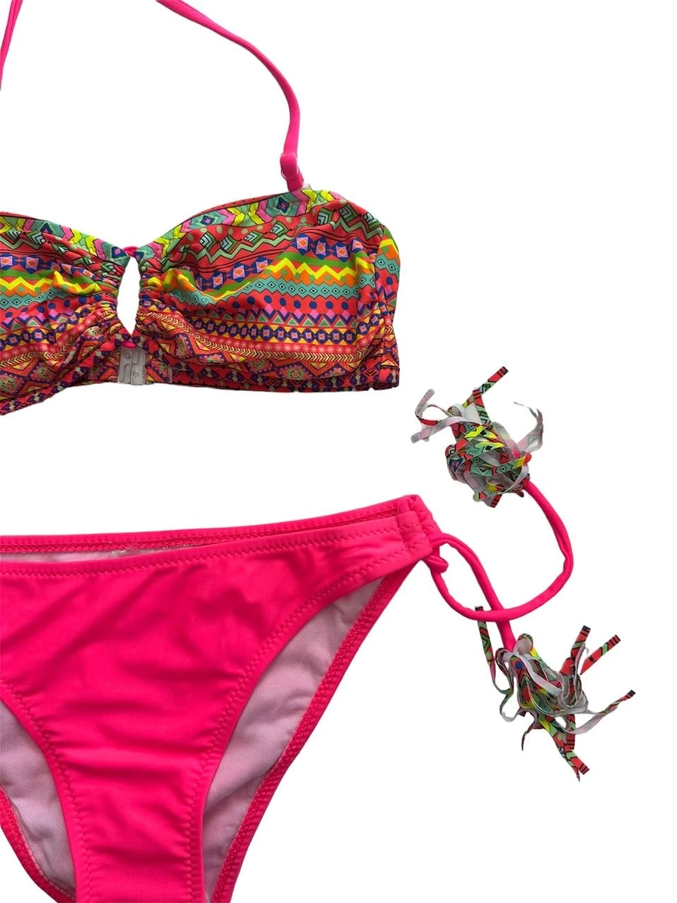 Kız Çocuk Fuşya Çok Renkli  İp Detaylı Astarlı 4-12 Yaş Üçgen Bikini Takım HZL24S-LC1904