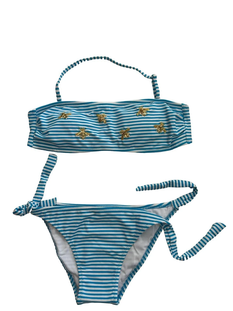 Kız Çocuk Mavi Beyaz Çizgili Arı Çıkartmalı 4-12 Yaş Straplez Bikini Takım HZL24S-LC3228