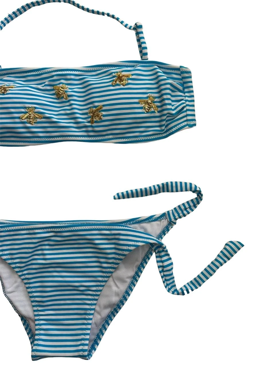 Kız Çocuk Mavi Beyaz Çizgili Arı Çıkartmalı 4-12 Yaş Straplez Bikini Takım HZL24S-LC3228