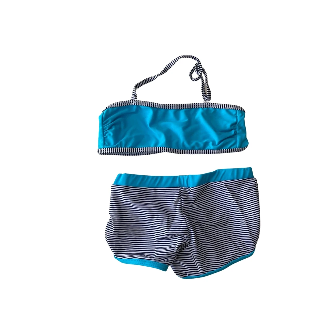 Kız Çocuk Mavi Siyah Çizgili Şortlu 4-12 Yaş Straplez Bikini Takım HZL24S-LC9034
