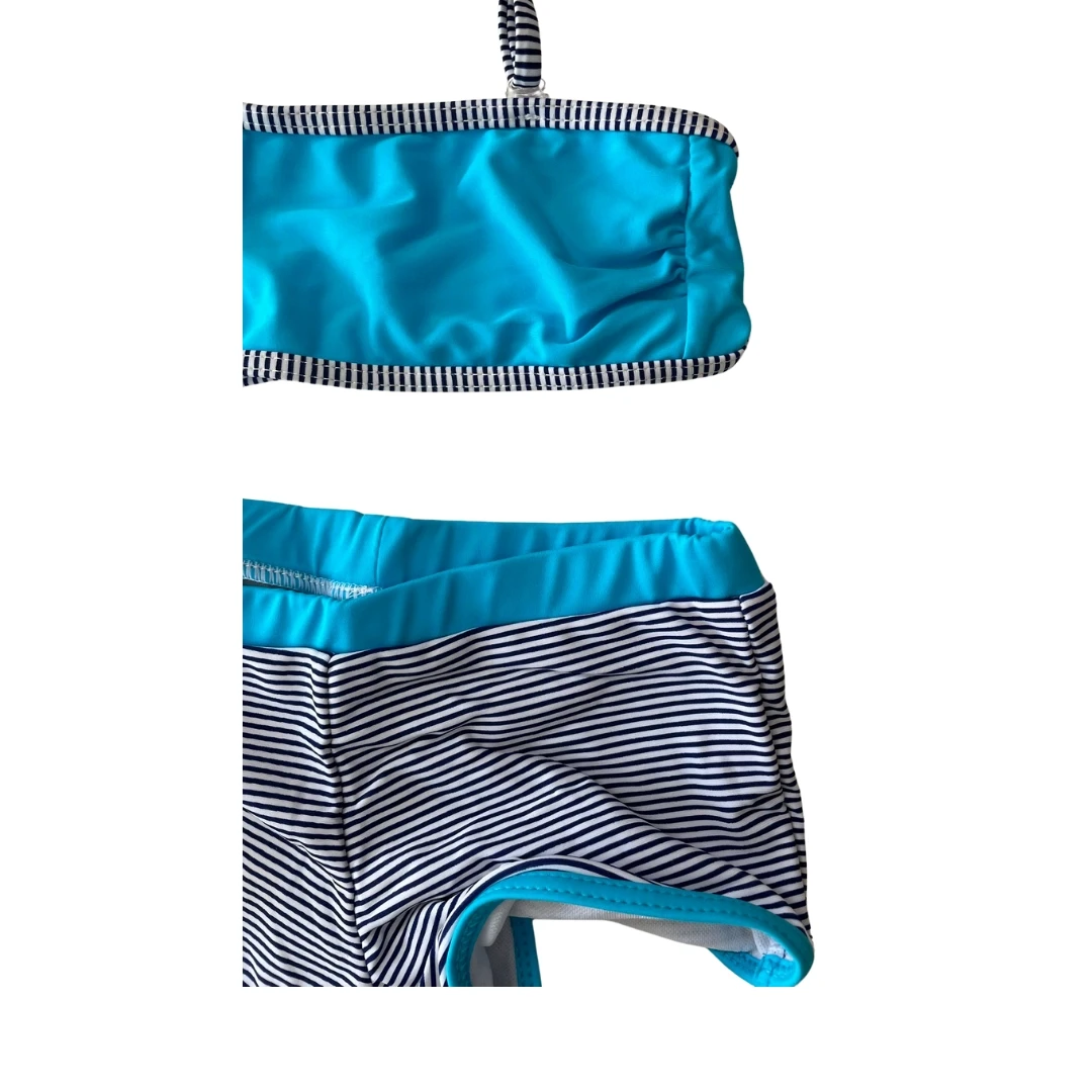 Kız Çocuk Mavi Siyah Çizgili Şortlu 4-12 Yaş Straplez Bikini Takım HZL24S-LC9034