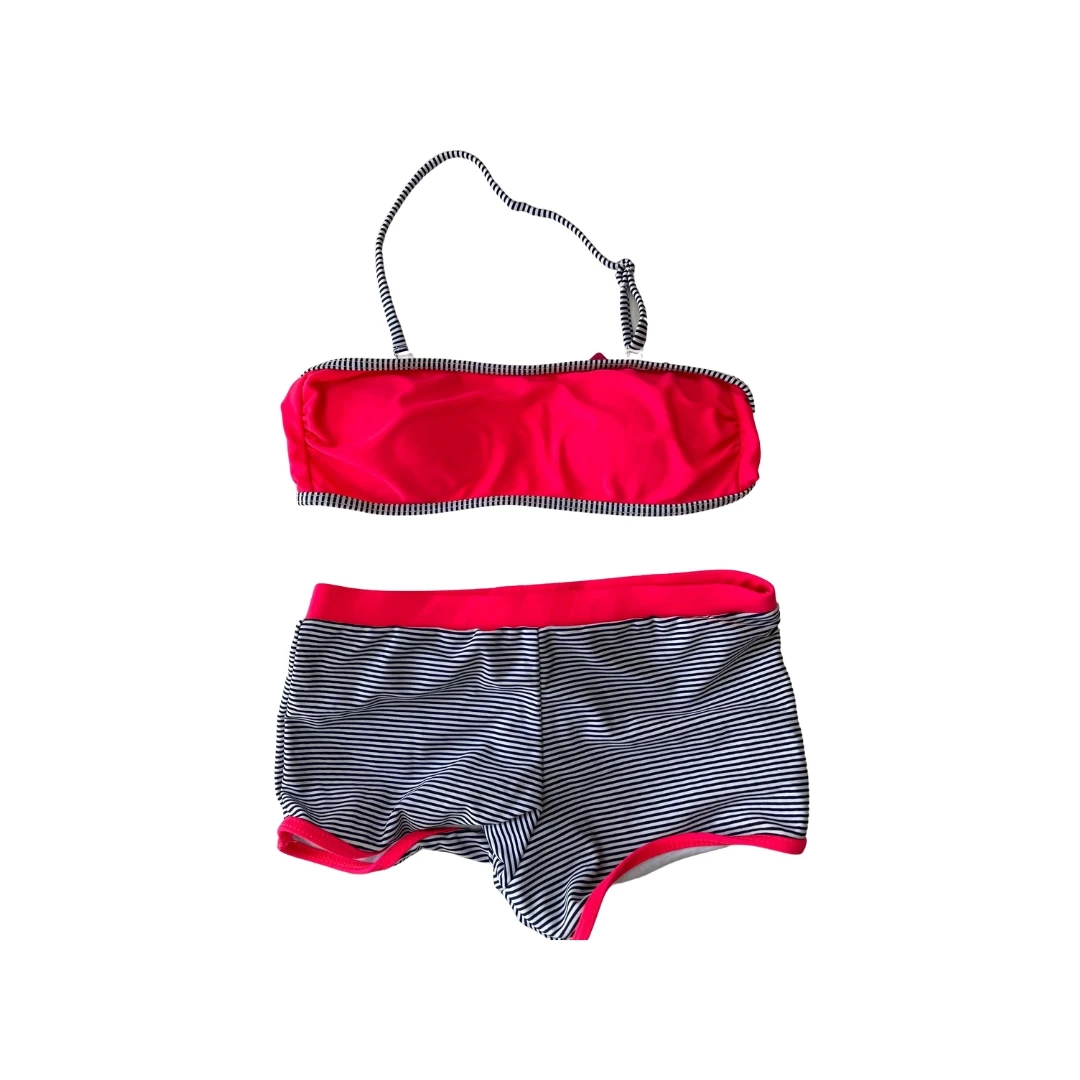 Kız Çocuk Neon Pembe Siyah Çizgili Şortlu 4-12 Yaş Straplez Bikini Takım HZL24S-LC9034