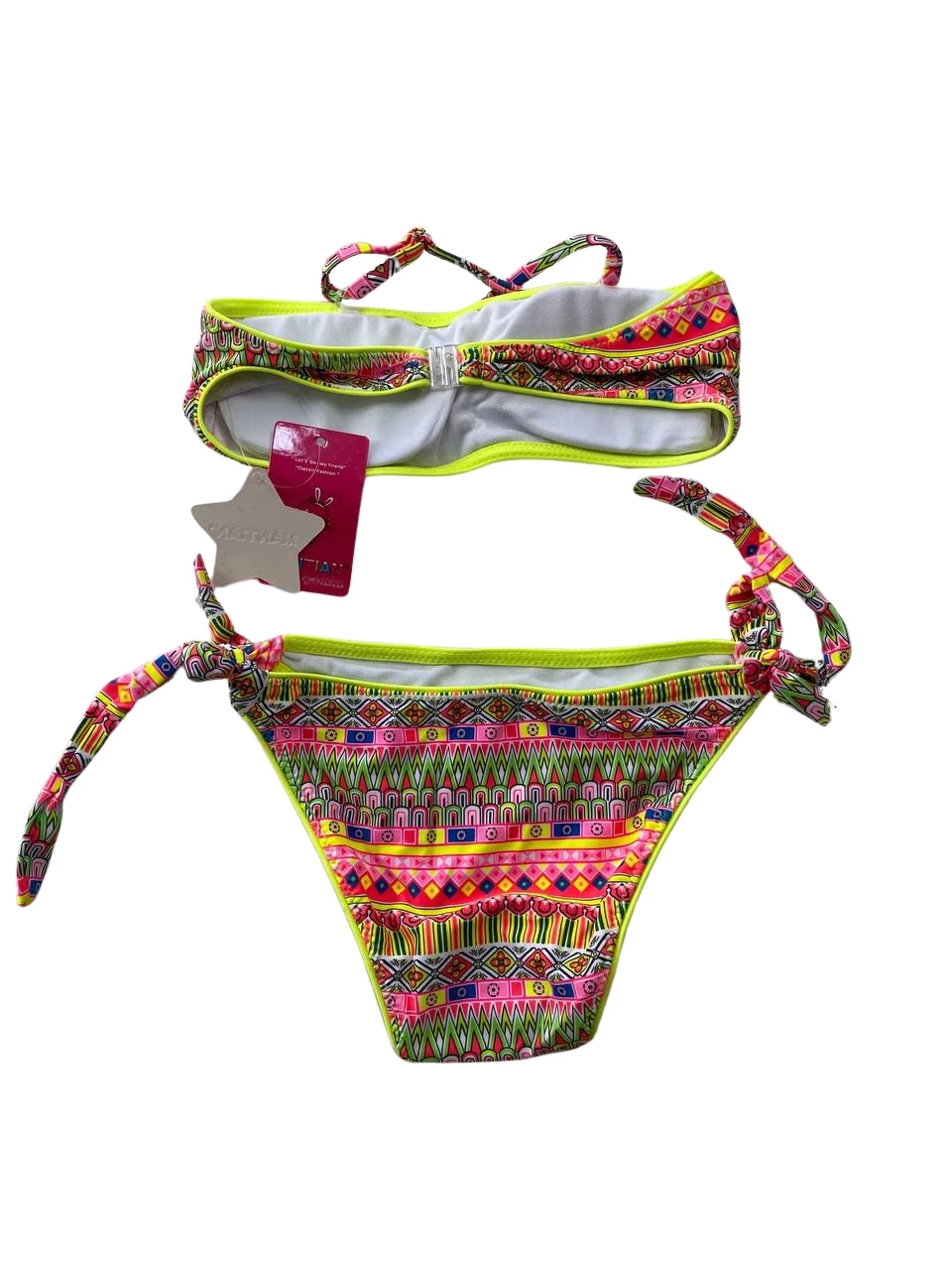 Kız Çocuk Neon Sarı Çok Renkli Astarlı 4-12 Yaş Straplez Bikini Takım HZL24S-LC6355