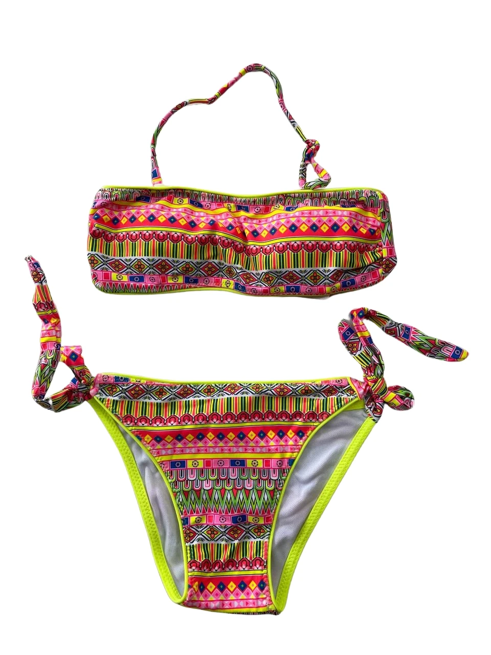 Kız Çocuk Neon Sarı Çok Renkli Astarlı 4-12 Yaş Straplez Bikini Takım HZL24S-LC6355