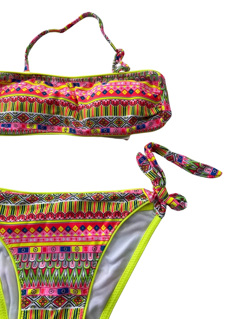 Kız Çocuk Neon Sarı Çok Renkli Astarlı 4-12 Yaş Straplez Bikini Takım HZL24S-LC6355