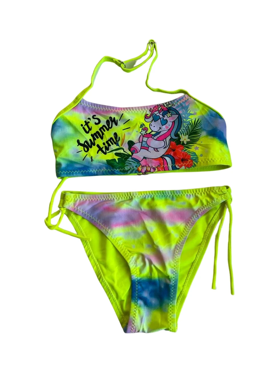 Kız Çocuk Neon Sarı Desenli  2-8 Yaş Straplez Bikini Takım HZL24S-LC3652
