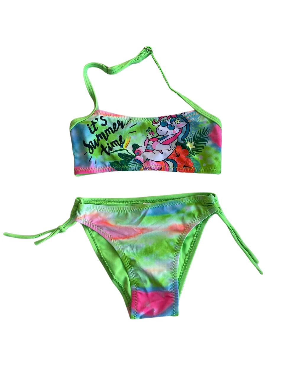Kız Çocuk Neon Yeşil Desenli  2-8 Yaş Straplez Bikini Takım HZL24S-LC3652