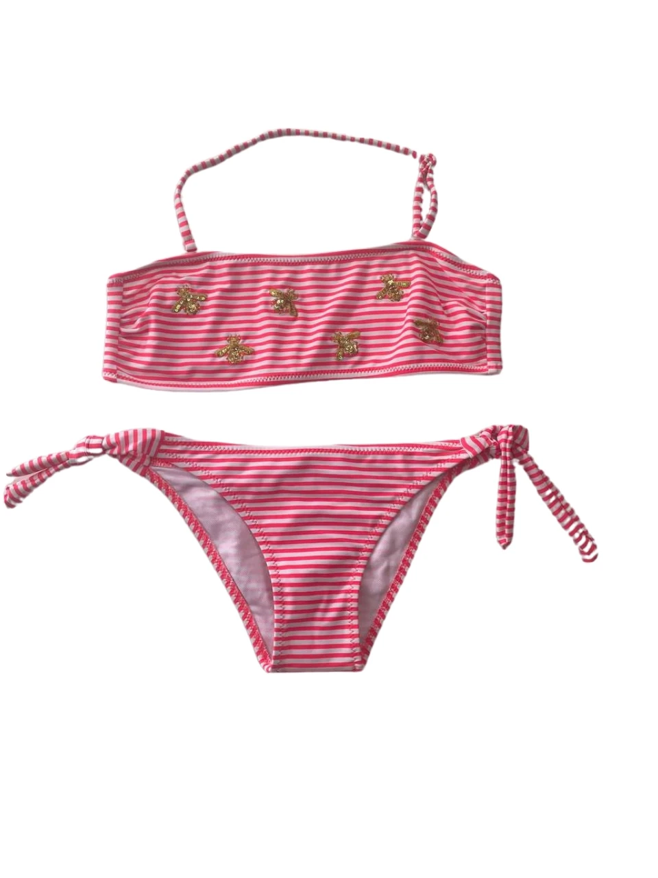 Kız Çocuk Pembe Beyaz Çizgili Arı Çıkartmalı 4-12 Yaş Straplez Bikini Takım HZL24S-LC3228