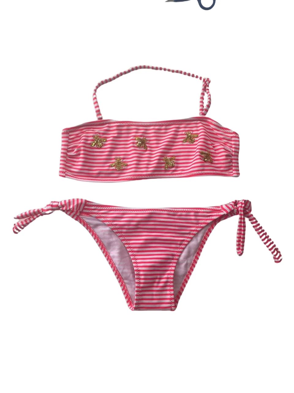 Kız Çocuk Pembe Beyaz Çizgili Arı Çıkartmalı 4-12 Yaş Straplez Bikini Takım HZL24S-LC3228