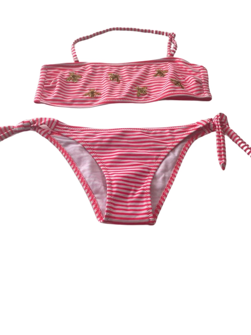 Kız Çocuk Pembe Beyaz Çizgili Arı Çıkartmalı 4-12 Yaş Straplez Bikini Takım HZL24S-LC3228
