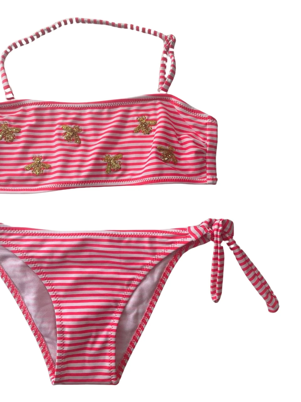 Kız Çocuk Pembe Beyaz Çizgili Arı Çıkartmalı 4-12 Yaş Straplez Bikini Takım HZL24S-LC3228