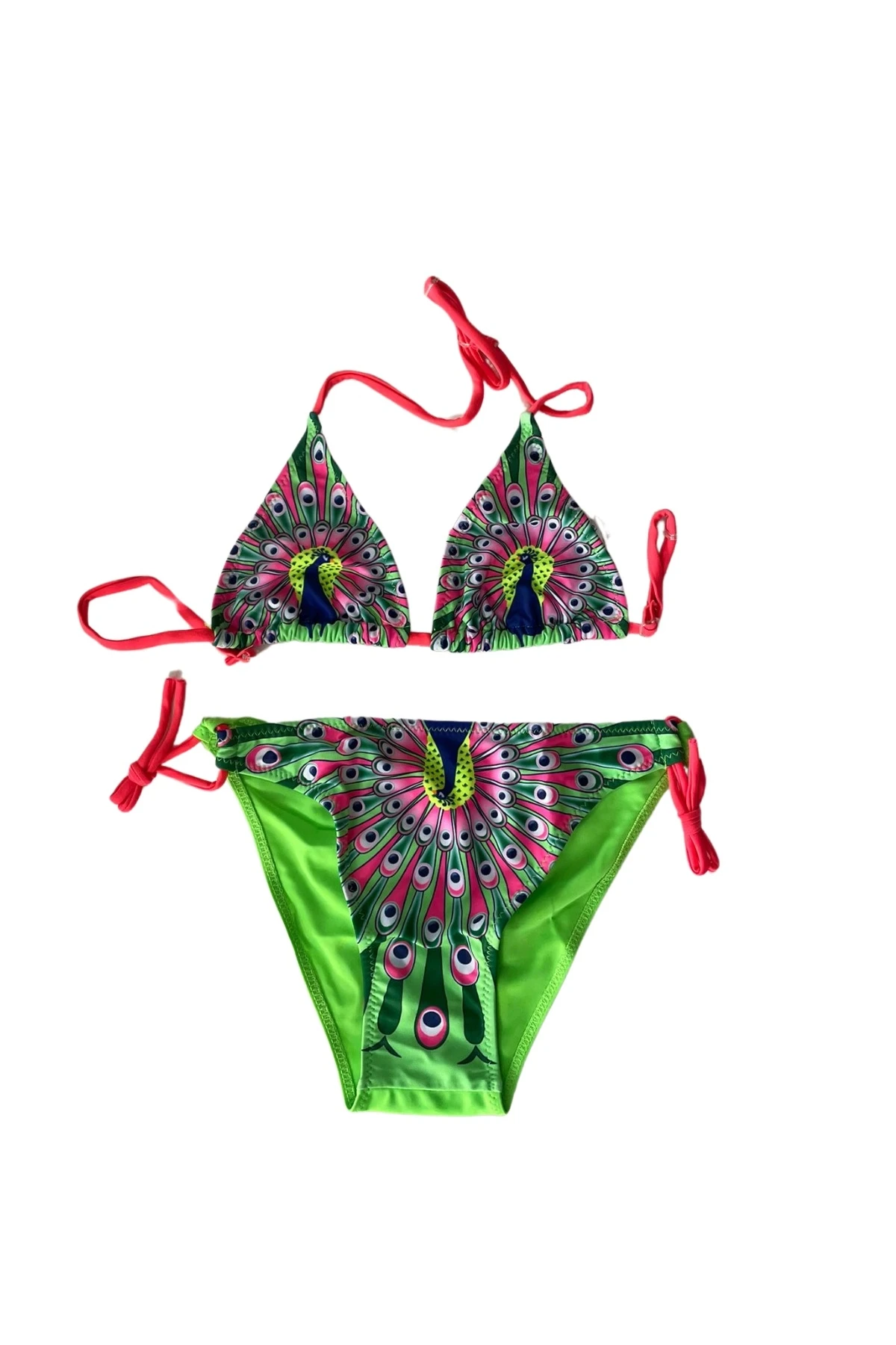 Kız Çocuk Yeşil Tavuz Kuşu Desenli  6-14 Yaş Üçken Bikini Takım HZL24S-LC9017