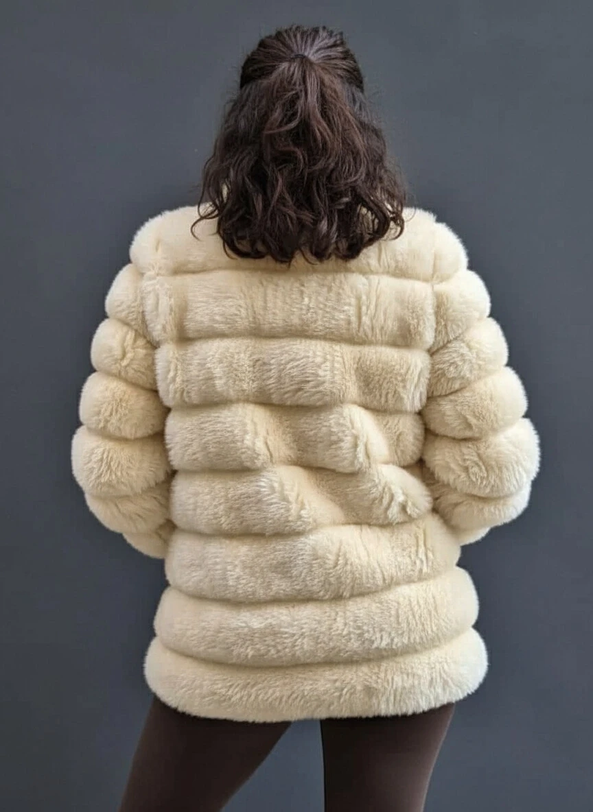 Kadın Açık Krem Şık Peluş Suni Kürk Ceket HZL23W-DSB110061