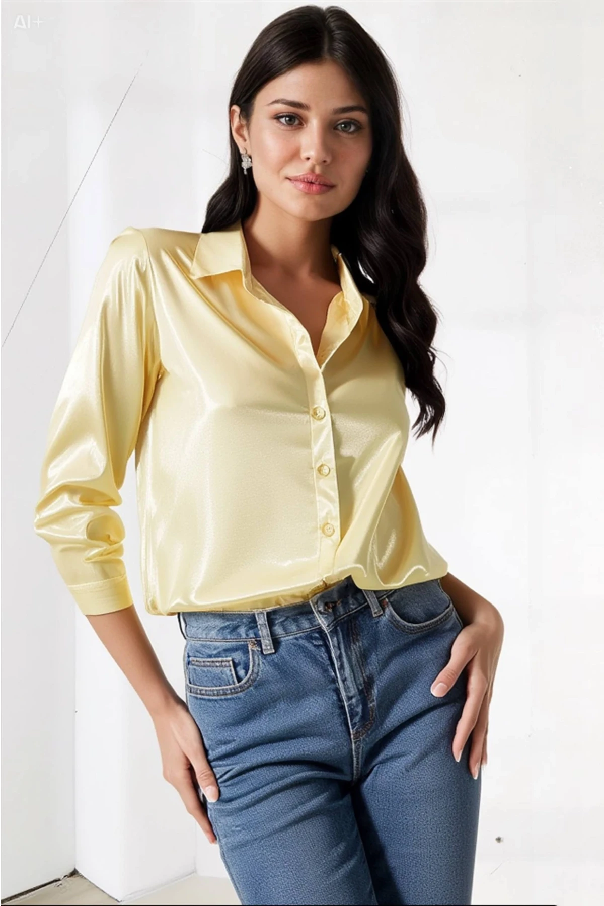 Kadın Açık Sarı Hafif Dökümlü Saten Yüzeyli Gömlek HZL22W-BD139641