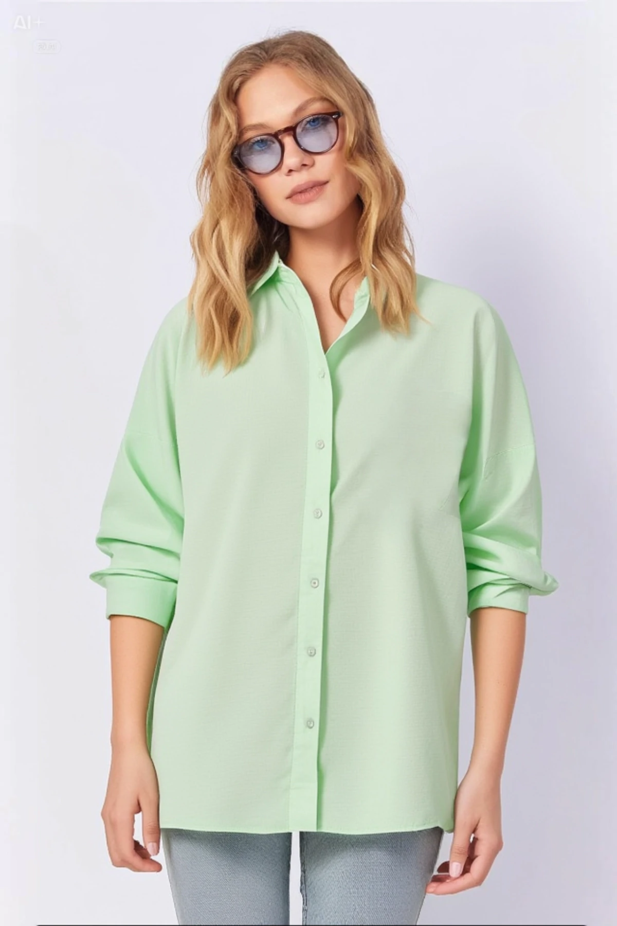 Kadın Açık Yeşil Oversize Uzun Basic Gömlek HZL22W-BD139001