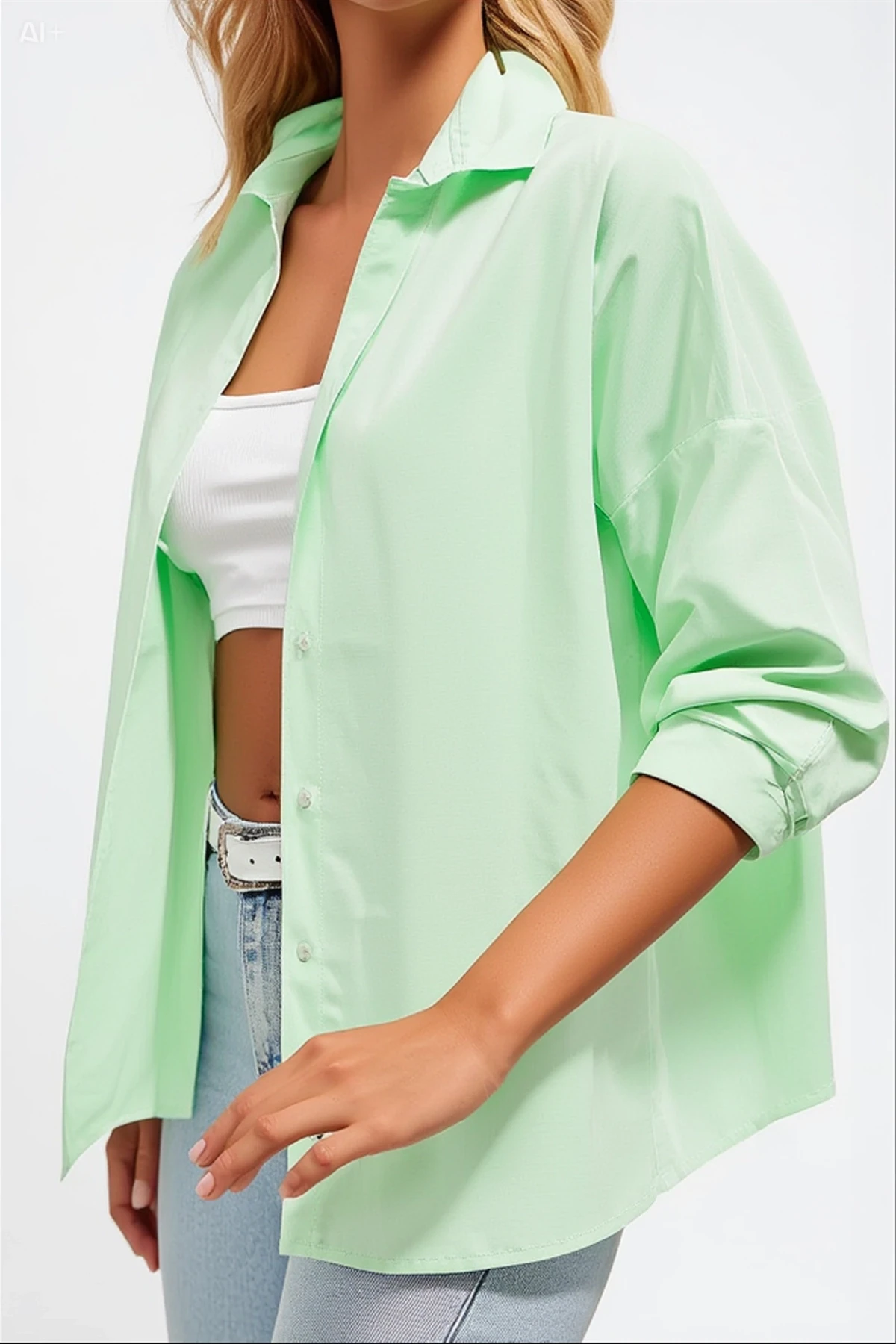 Kadın Açık Yeşil Oversize Uzun Basic Gömlek HZL22W-BD139001