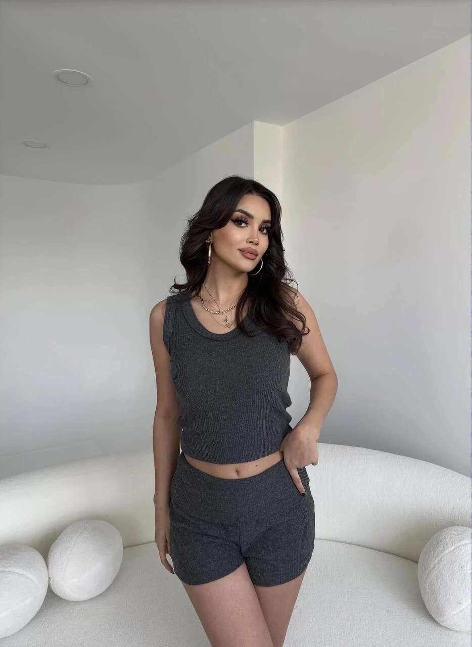 Kadın Antrasit Bel Katlamalı Şortlu Bluz Basic Takım HZL25W-ZK11191