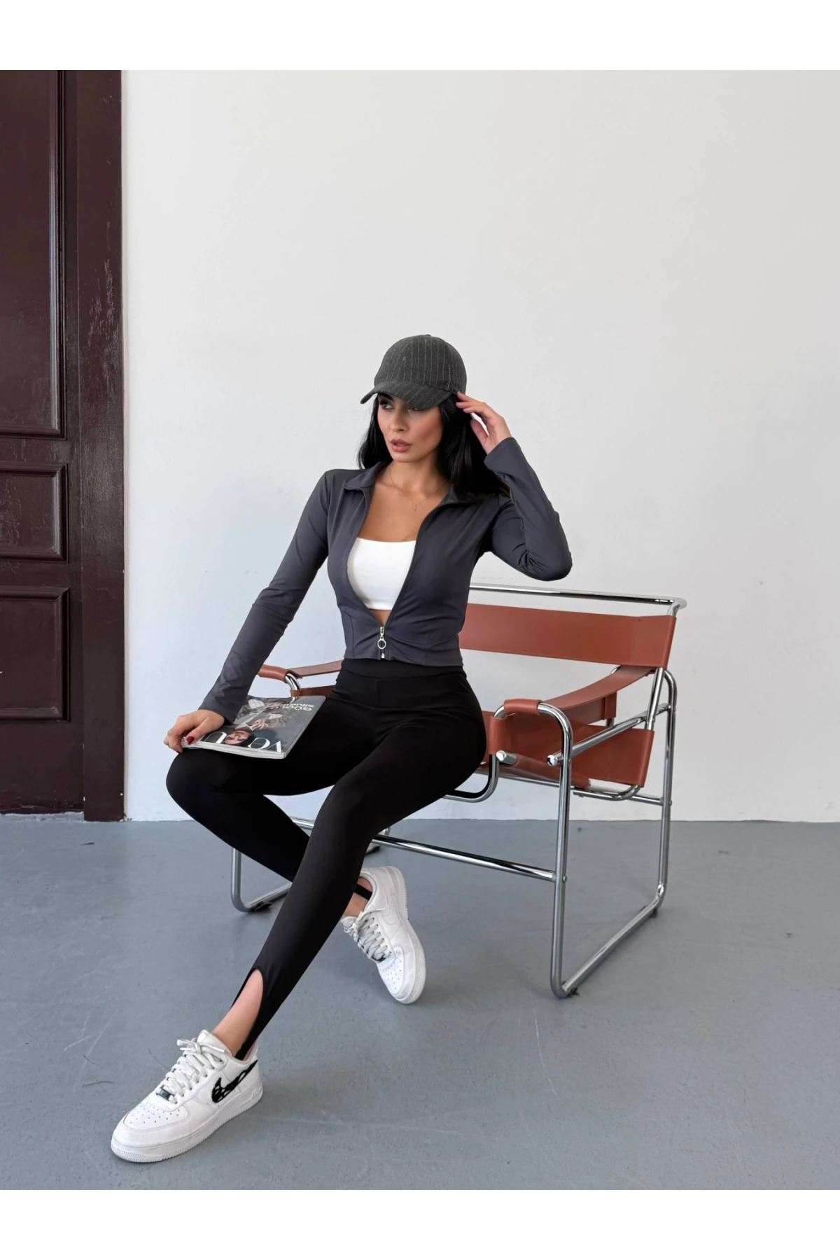 Kadın Antrasit Dalgıç Kumaş Fermuar Kapamalı Parmak Geçirmeli Sweatshirt HZL25W-FRY123441