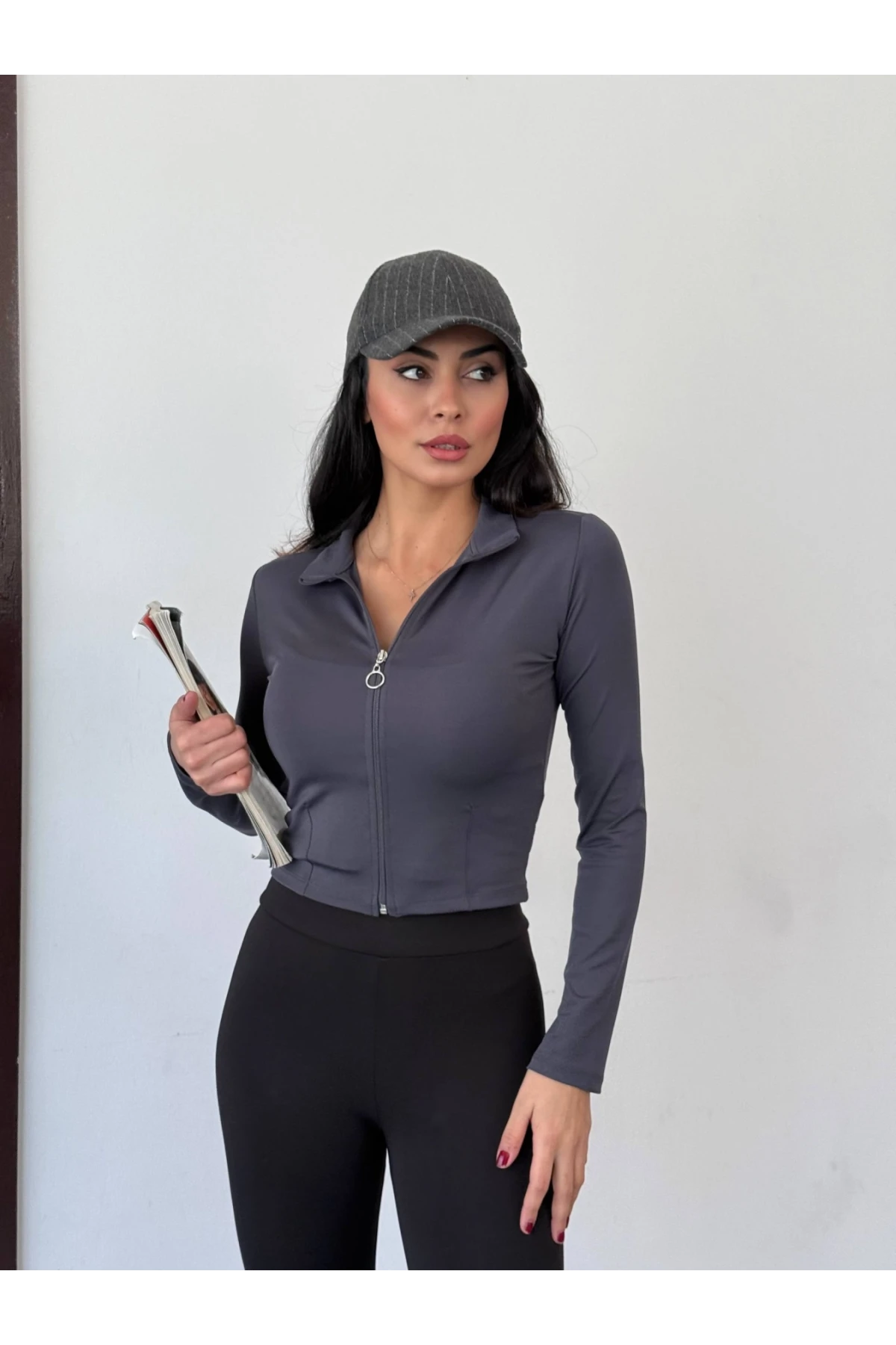 Kadın Antrasit Dalgıç Kumaş Fermuar Kapamalı Parmak Geçirmeli Sweatshirt HZL25W-FRY123441