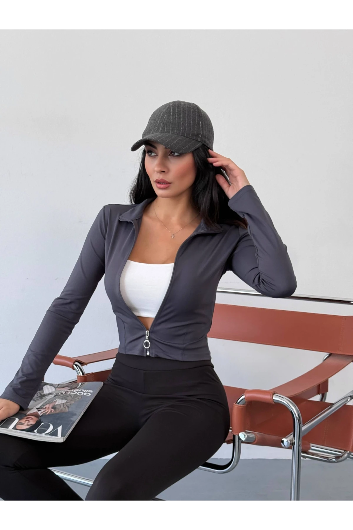 Kadın Antrasit Dalgıç Kumaş Fermuar Kapamalı Parmak Geçirmeli Sweatshirt HZL25W-FRY123441