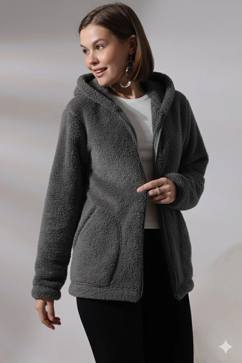 Kadın Antrasit Welsoft esnek kumaş Peluş Yumoş Önü Fermuarlı Kapüşonlu Ceket HZL23W-DSB110081