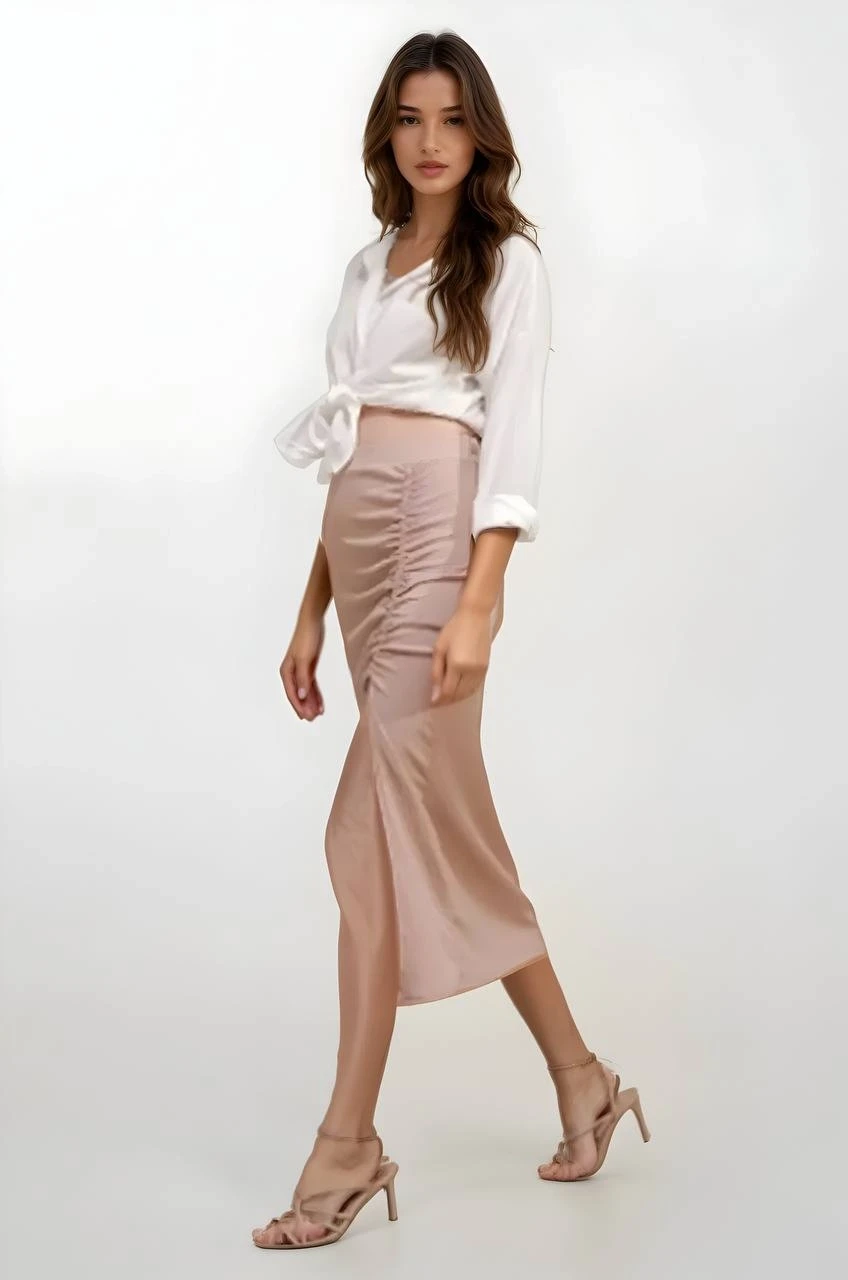 Kadın Bej Beli Lastikli Yırtmaçlı Uzun Etek HZL22S-BD118801